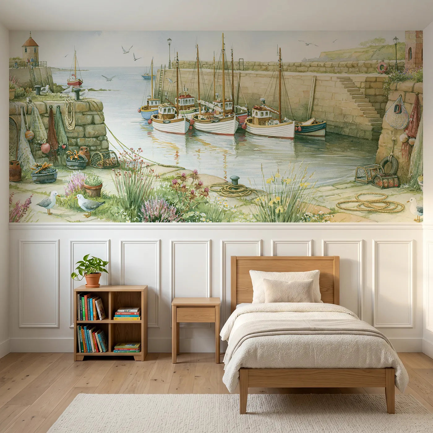 Storybook wainscoting wallpaper of boats resting at the quay by Whimsy Tots
