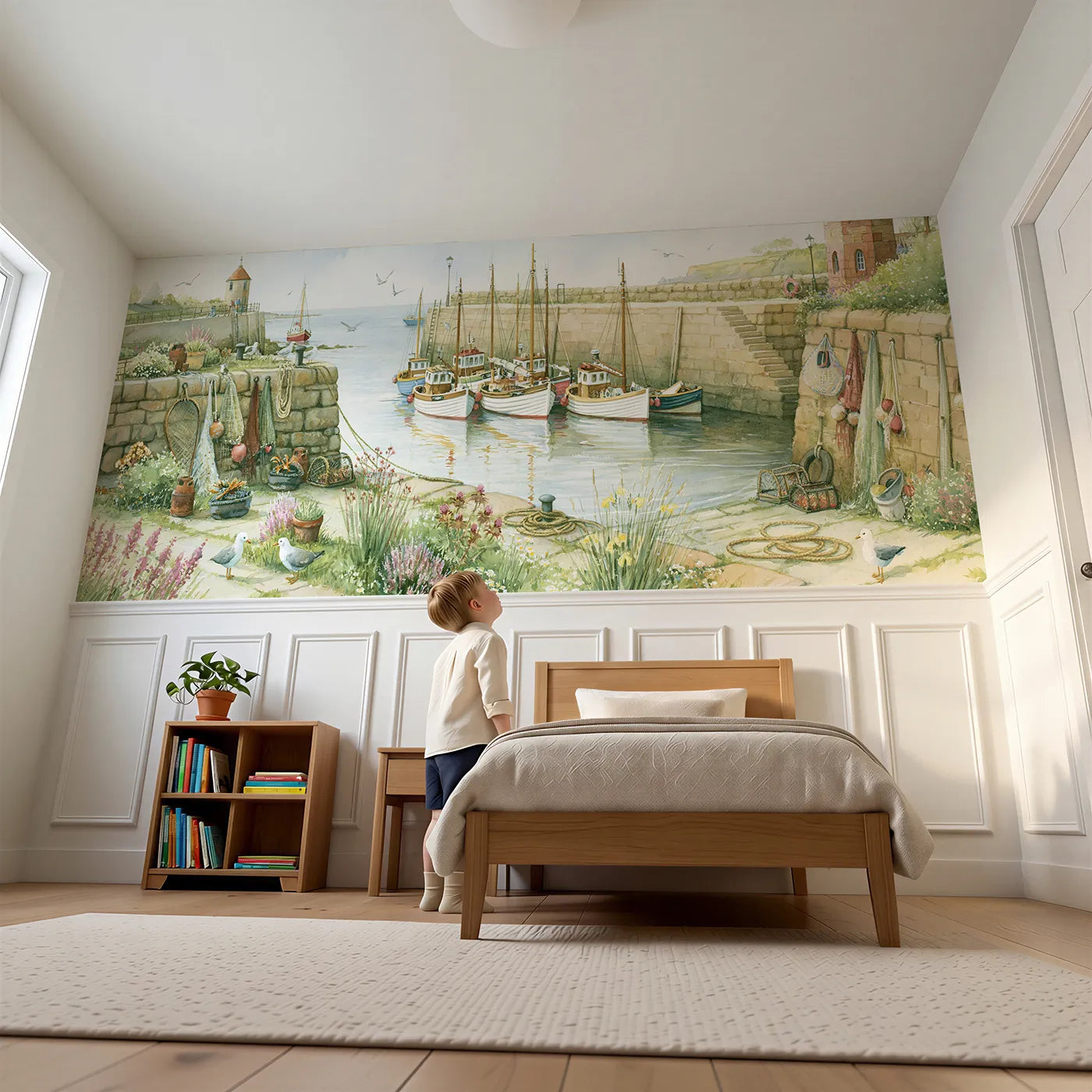 Child reading near Boats Resting At The Quay Wainscoting Wallpaper by Whimsy Tots