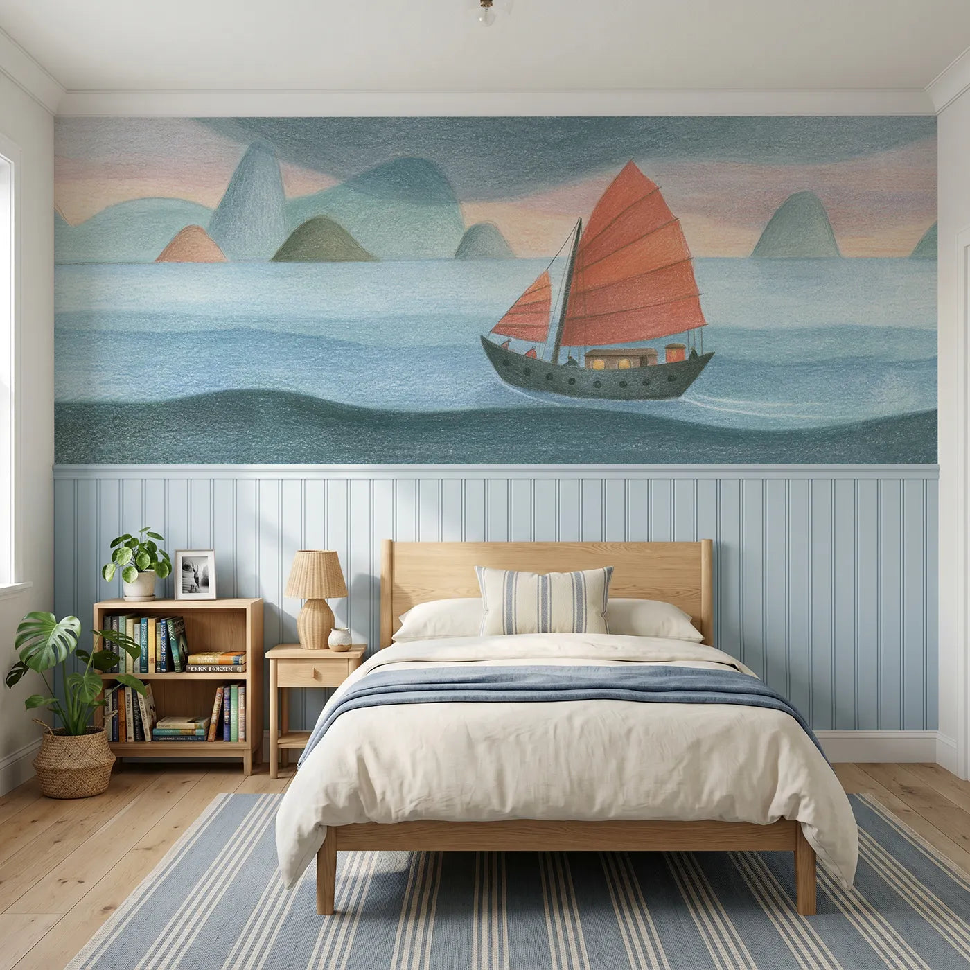 Colored pencil wainscoting wallpaper of a red junk sail offshore by Whimsy Tots