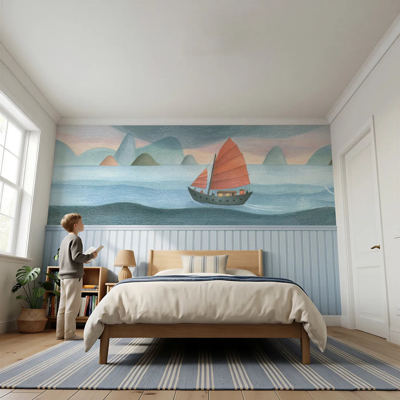 Child reading near Red Junk Sail Offshore Wainscoting Wallpaper by Whimsy Tots
