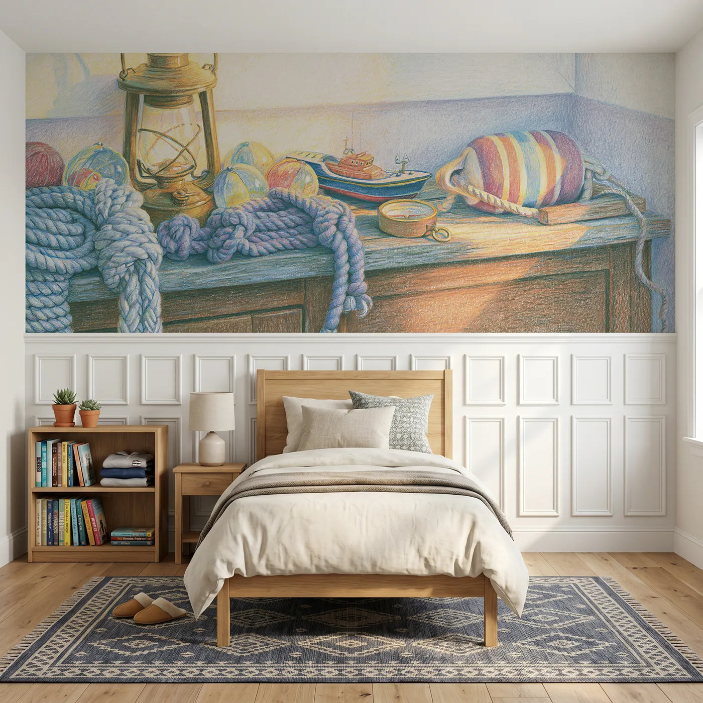 Colored pencil wainscoting wallpaper of a cozy chandlery shelf by Whimsy Tots
