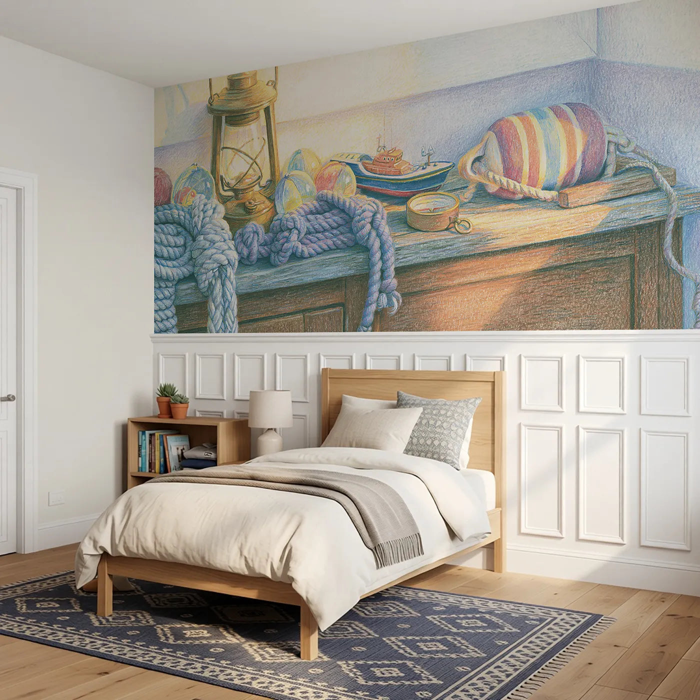 The Chandlery Shelf Wainscoting Wallpaper styled in a kids room by Whimsy Tots