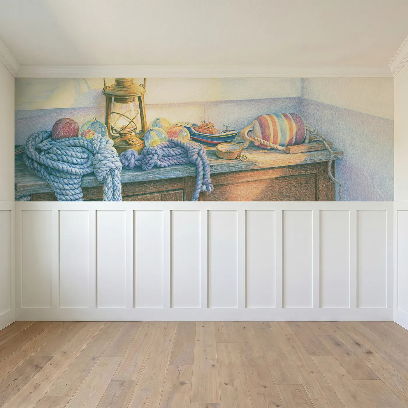 Full panel view of The Chandlery Shelf Wainscoting Wallpaper by Whimsy Tots