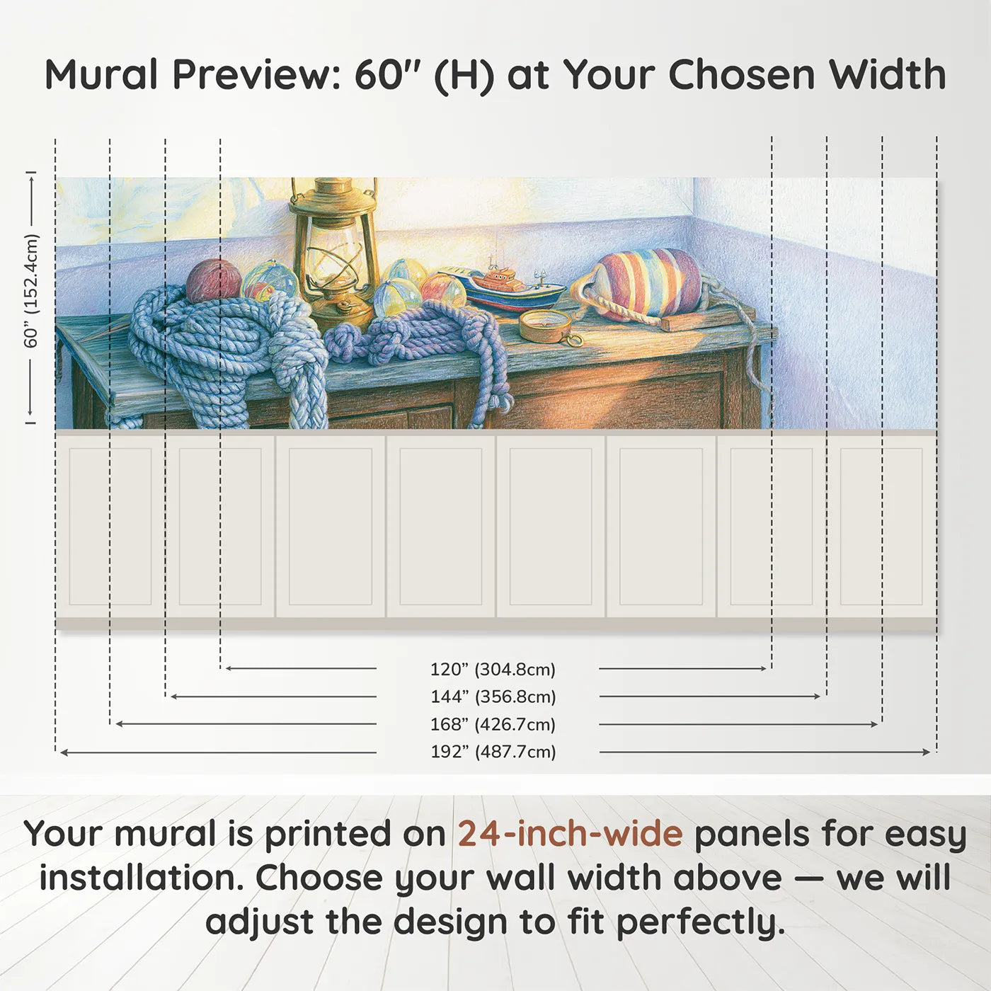 Panel dimensions for The Chandlery Shelf Wainscoting Wallpaper by Whimsy Tots