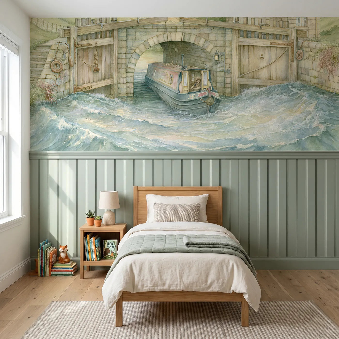Storybook wainscoting wallpaper of a narrowboat rising in a lock by Whimsy Tots