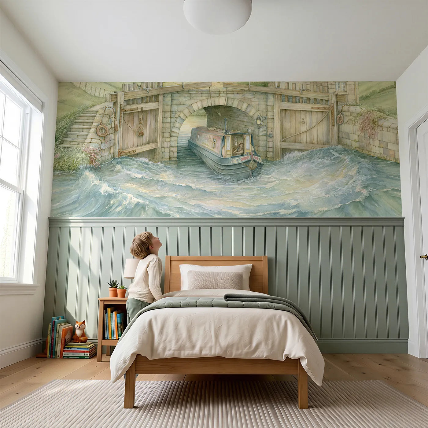Child reading near Narrowboat Rising In Lock Wainscoting Wallpaper by Whimsy Tots