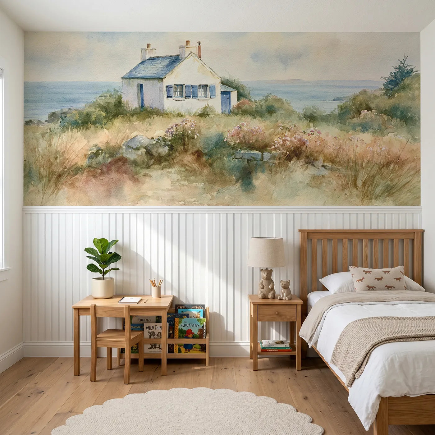 Watercolor wainscoting wallpaper of a cottage with blue shutters by Whimsy Tots
