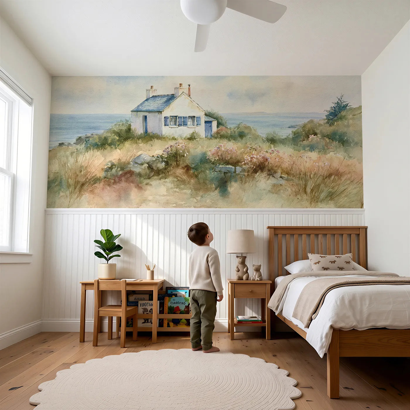 Child reading near Cottage With Blue Shutters Wainscoting Wallpaper by Whimsy Tots