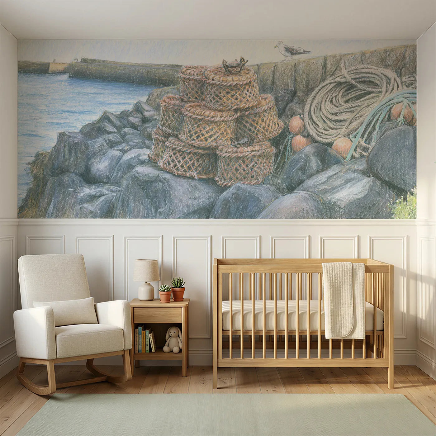 Colored pencil wainscoting wallpaper of crab pots on a rainy quay by Whimsy Tots