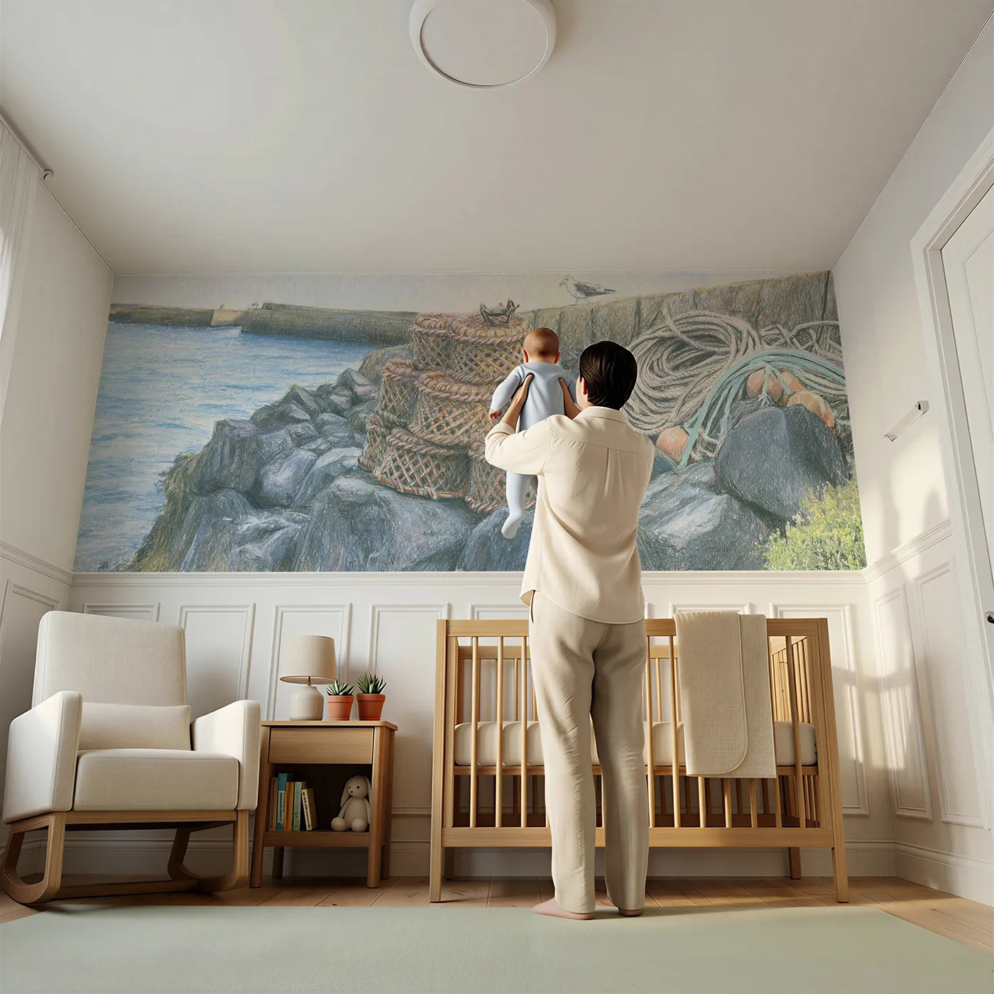 Child reading near Crab Pots On Quay Wainscoting Wallpaper by Whimsy Tots