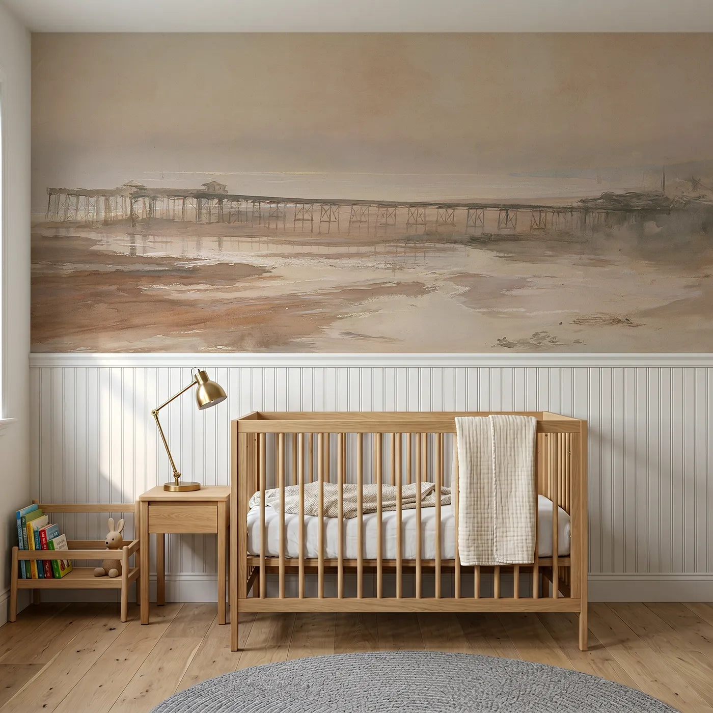 Watercolor wainscoting mural of a long pier on bare wooden legs by Whimsy Tots