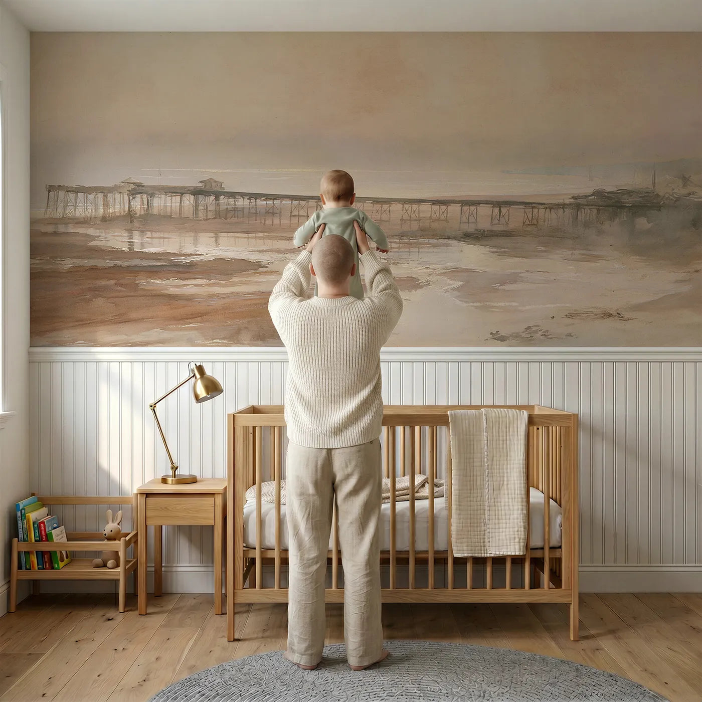 Child reading near Pier On Bare Legs Wainscoting Wallpaper by Whimsy Tots