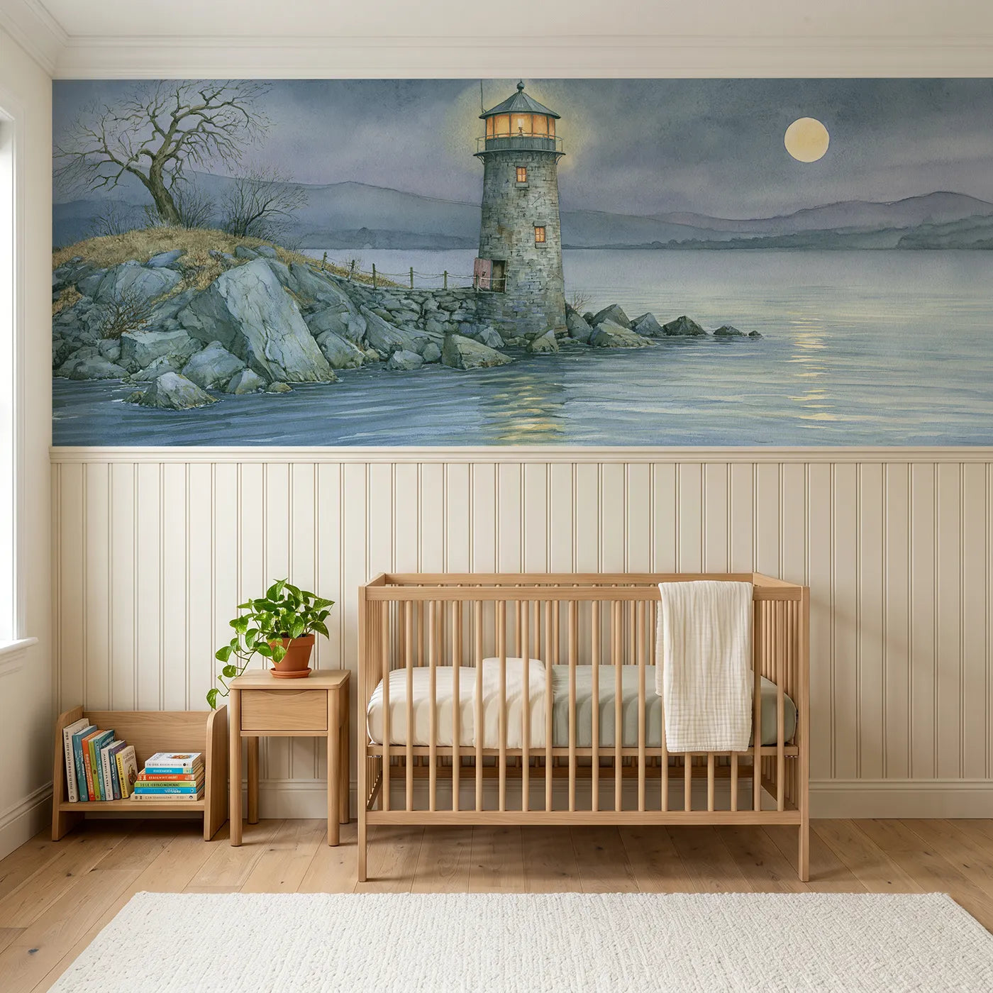Storybook wainscoting wallpaper of a lamp lit over the island sound by Whimsy Tots