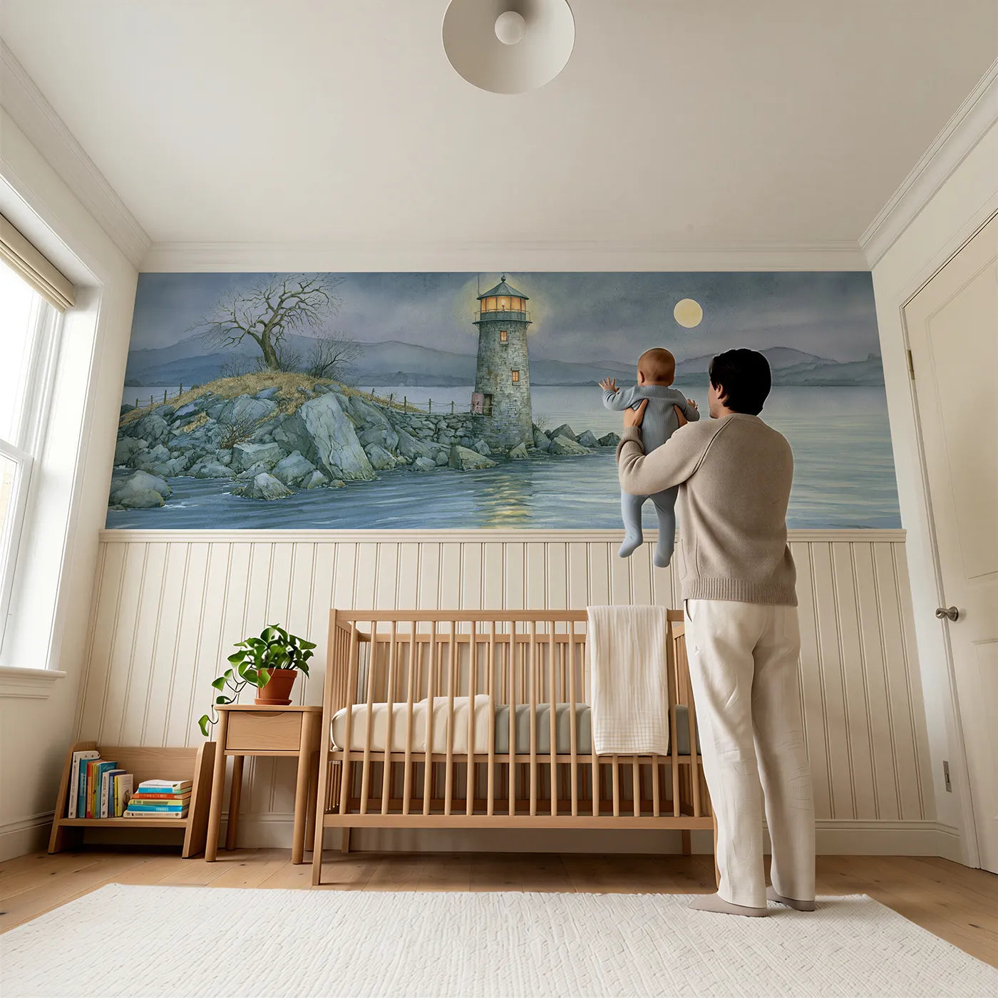 Child reading near Lamp Lit On The Sound Wainscoting Wallpaper by Whimsy Tots