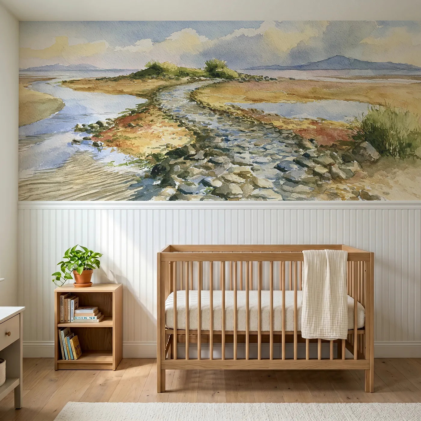 Watercolor wainscoting wallpaper of a low-tide path to an island by Whimsy Tots