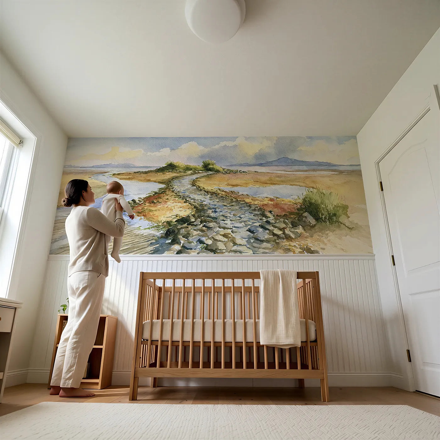 Child reading near Path To Tide Island Wainscoting Wallpaper by Whimsy Tots