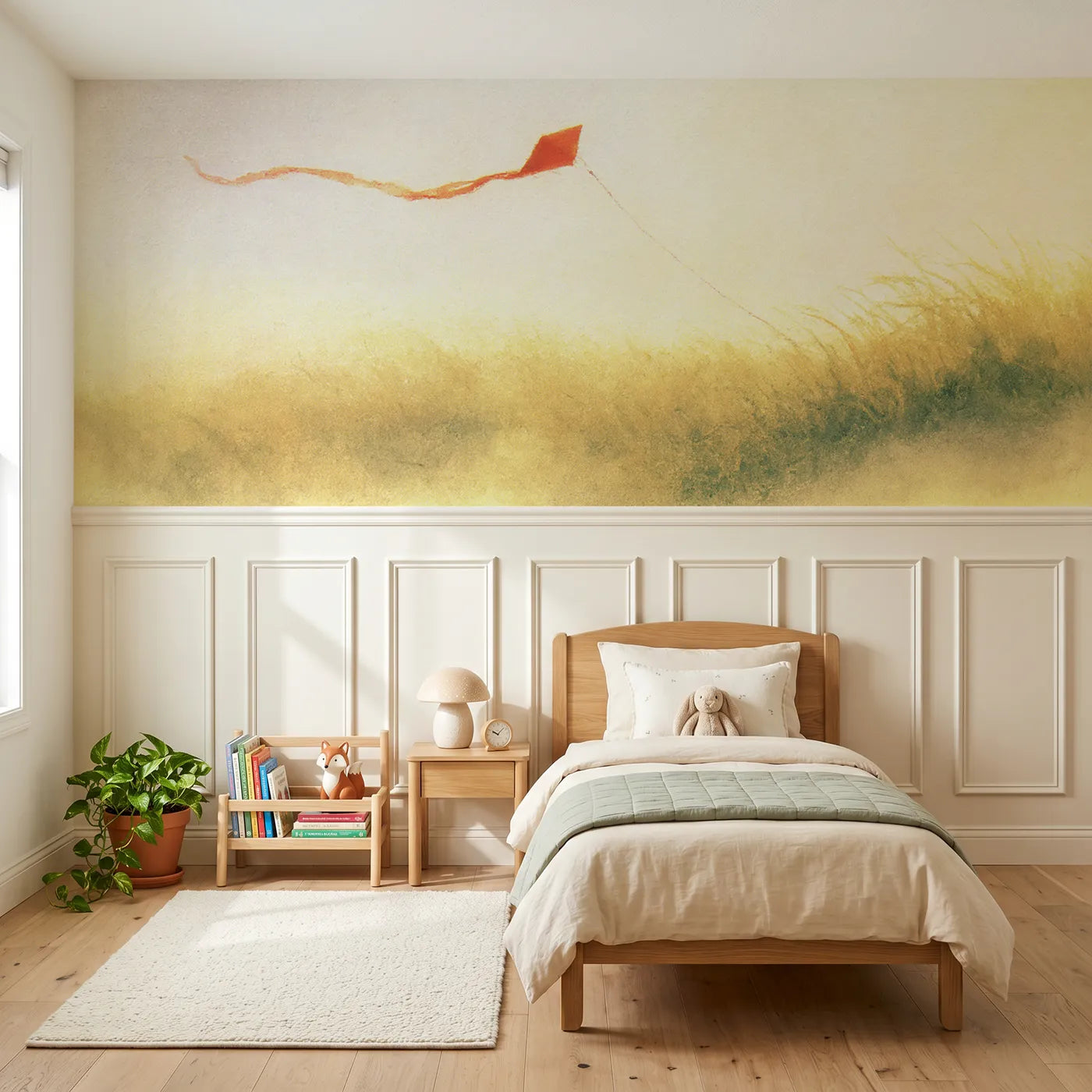 Soft pastel wainscoting wallpaper of a red kite over dune grass by Whimsy Tots