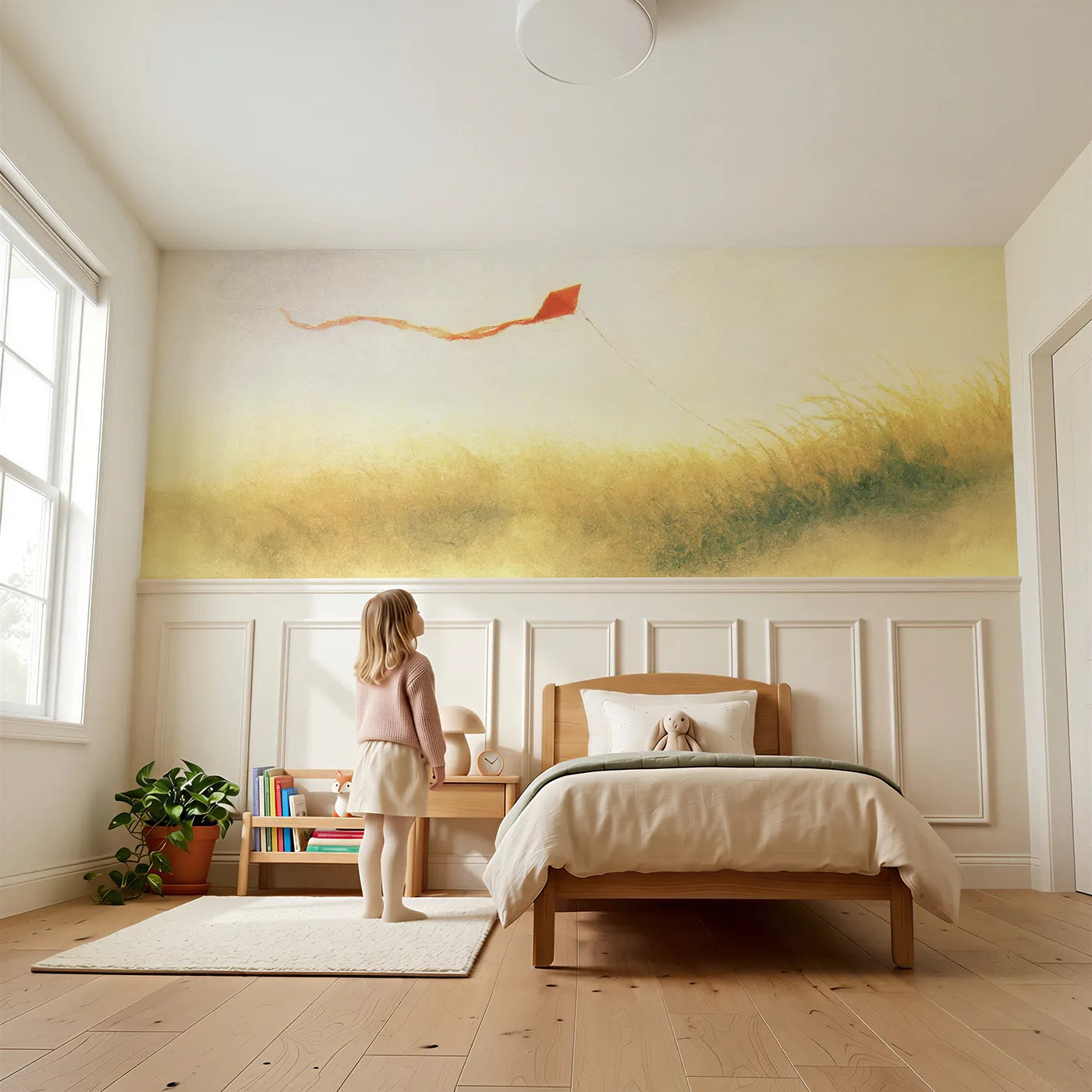 Child reading near Kite Over The Dunes Wainscoting Wallpaper by Whimsy Tots