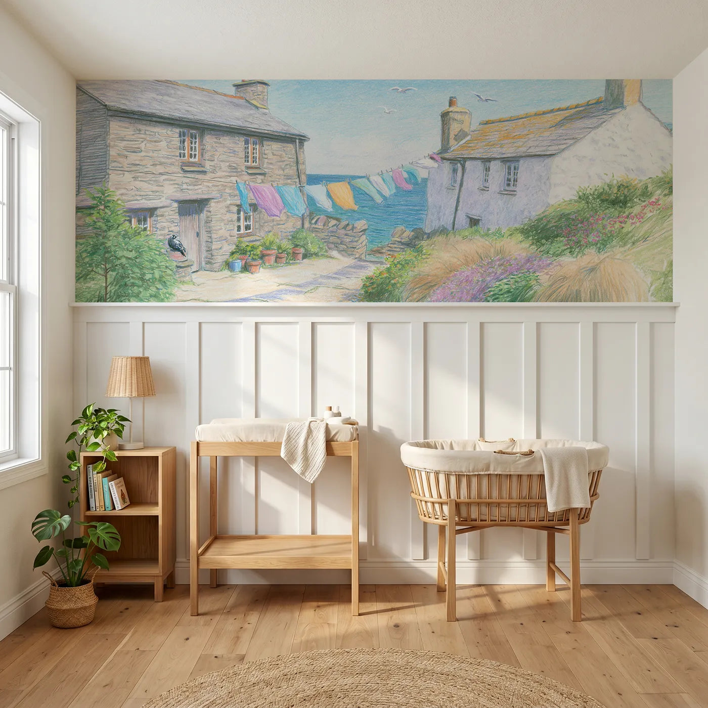 Colored pencil wainscoting wallpaper of a washing line on a bright day by Whimsy Tots