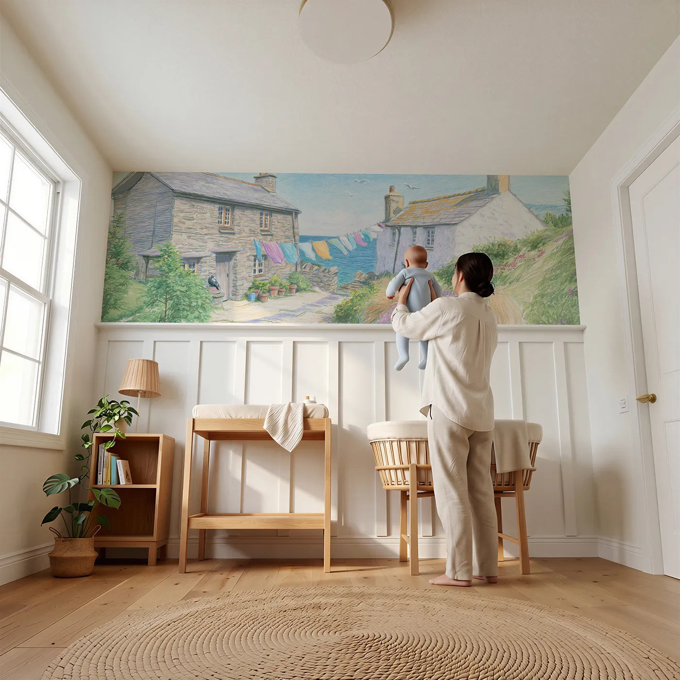 Child reading near Washing Line Bright Day Wainscoting Wallpaper by Whimsy Tots
