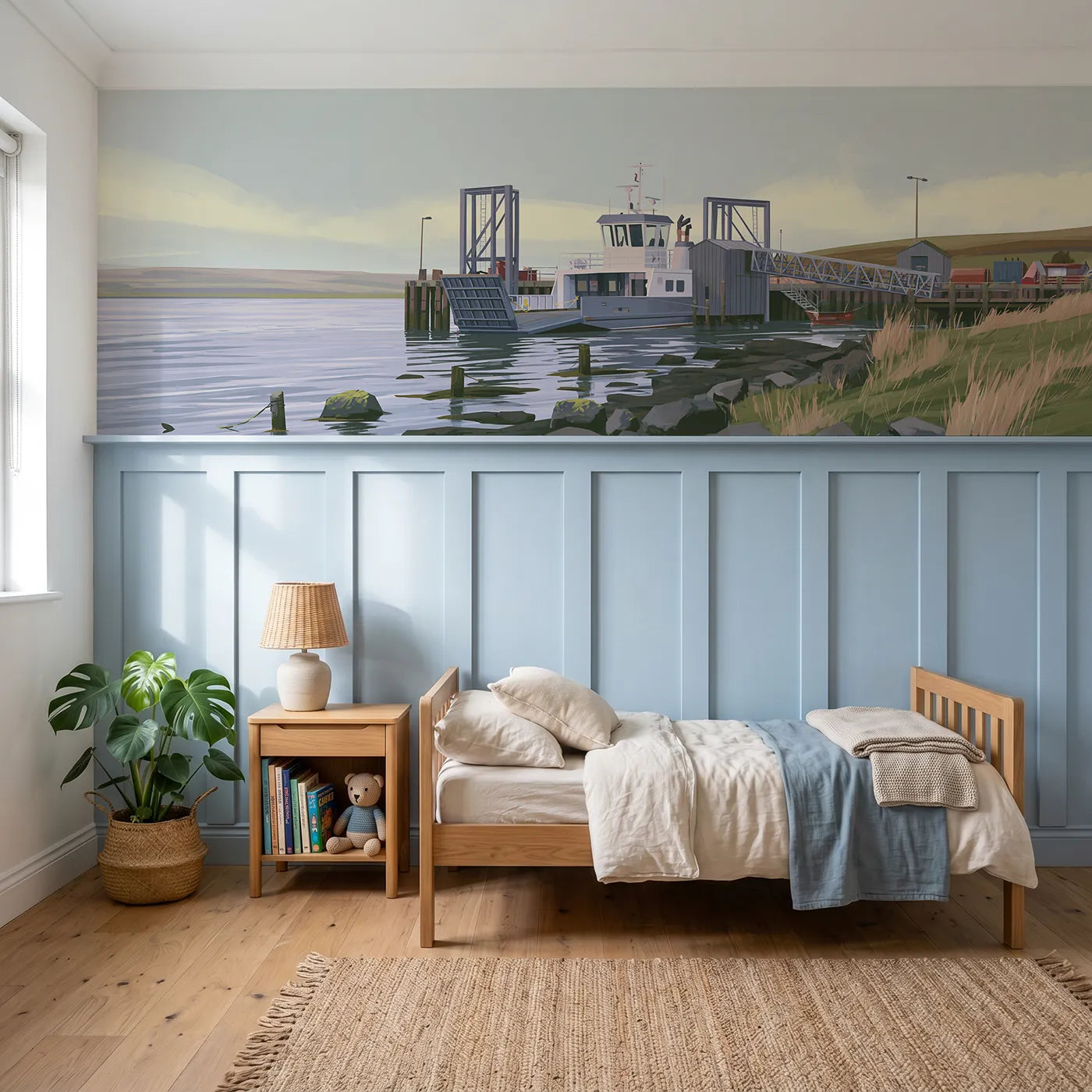 Modern illustration wainscoting wallpaper of a ferry at the slip by Whimsy Tots