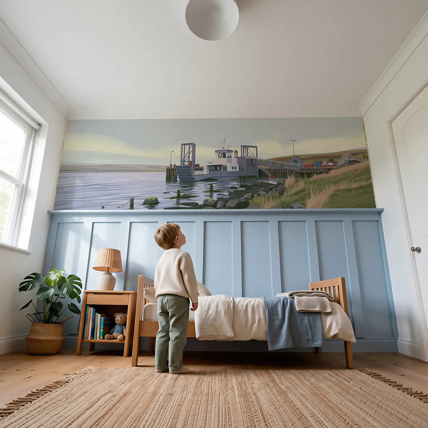 Child reading near Ferry At The Slip Wainscoting Wallpaper by Whimsy Tots