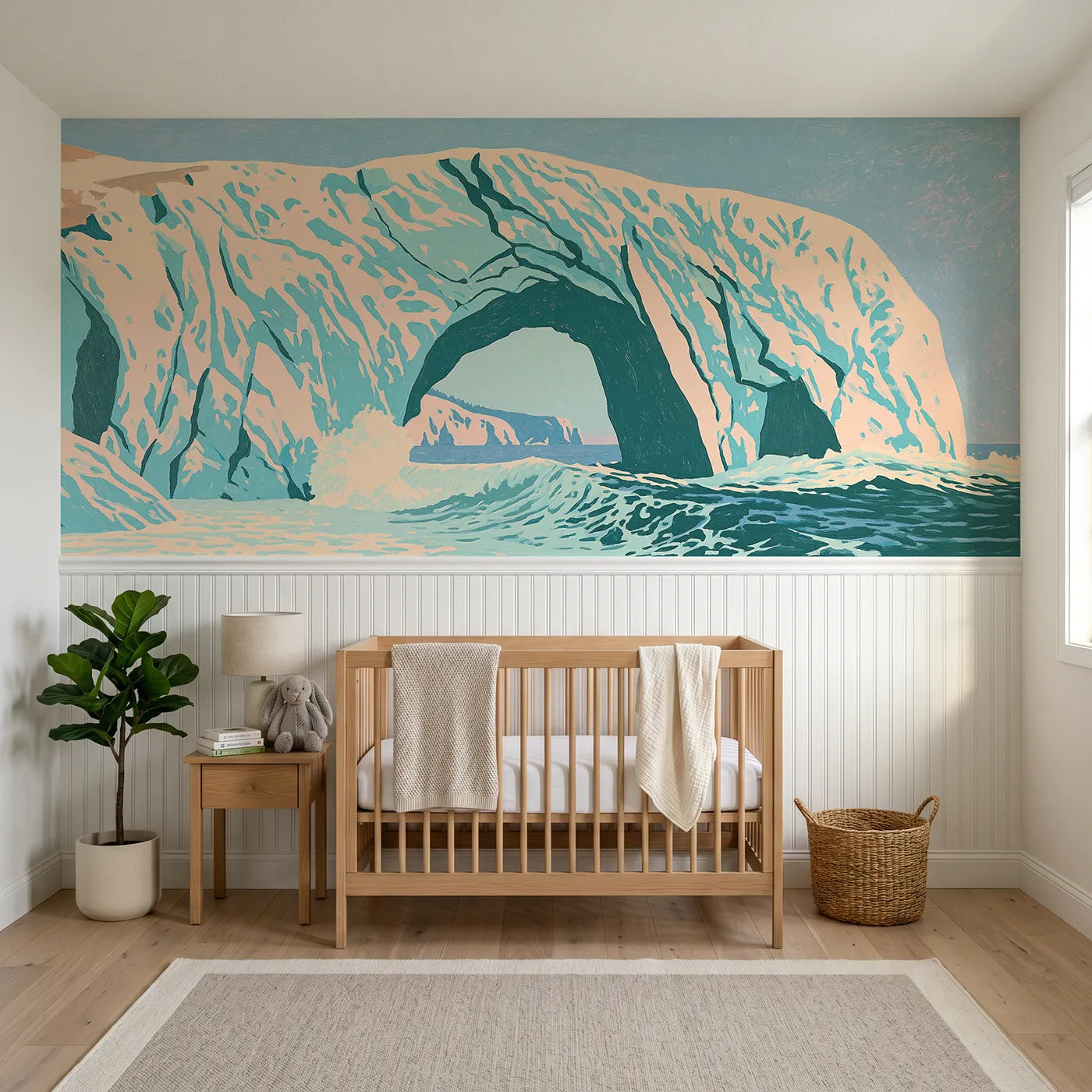 Block print wainscoting wallpaper of a carved sea arch by Whimsy Tots