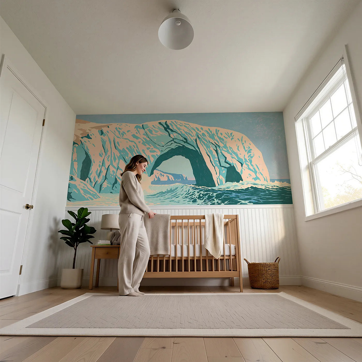 Child reading near Carved Sea Arch Wainscoting Wallpaper by Whimsy Tots