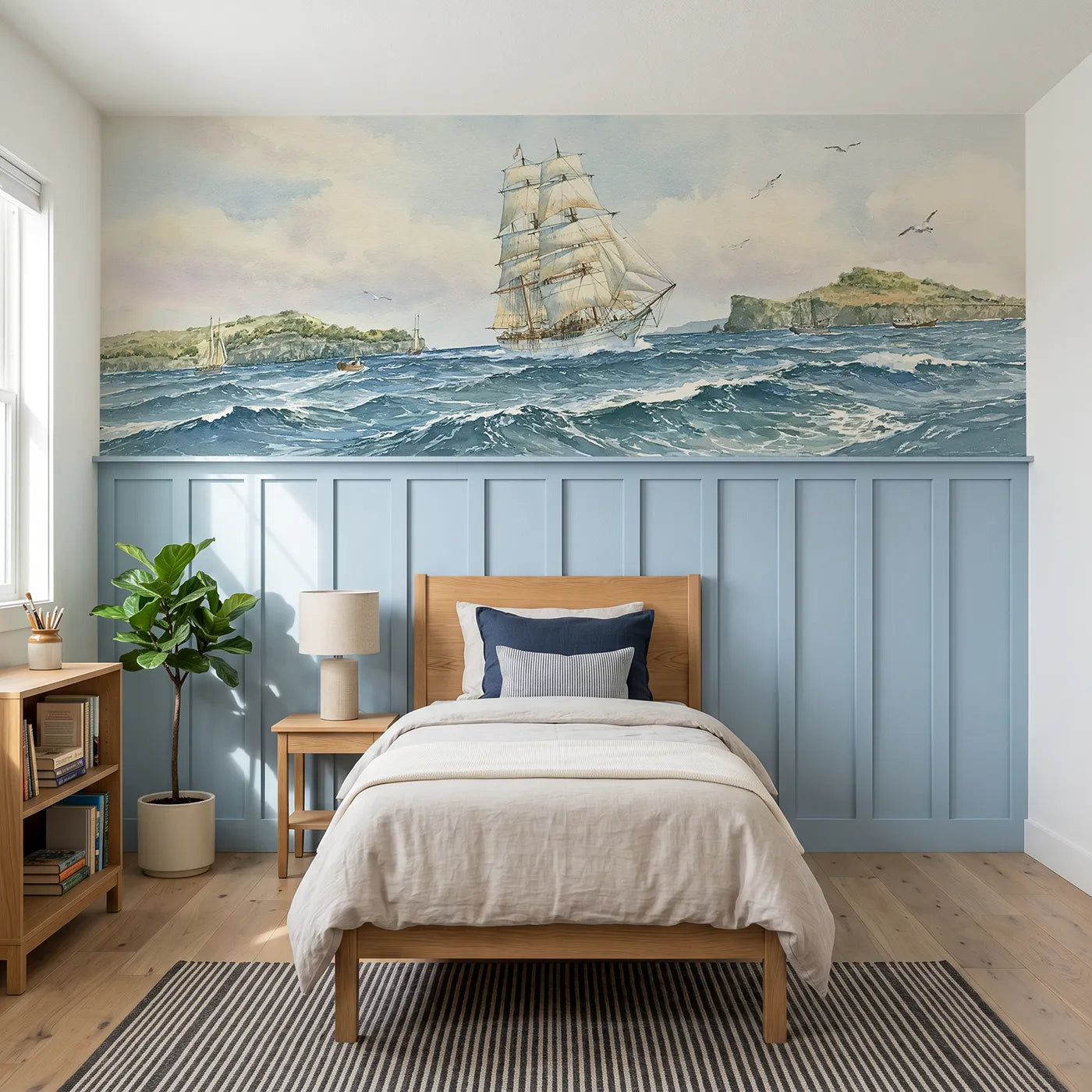 Storybook wainscoting wallpaper of a tall ship under full sail by Whimsy Tots
