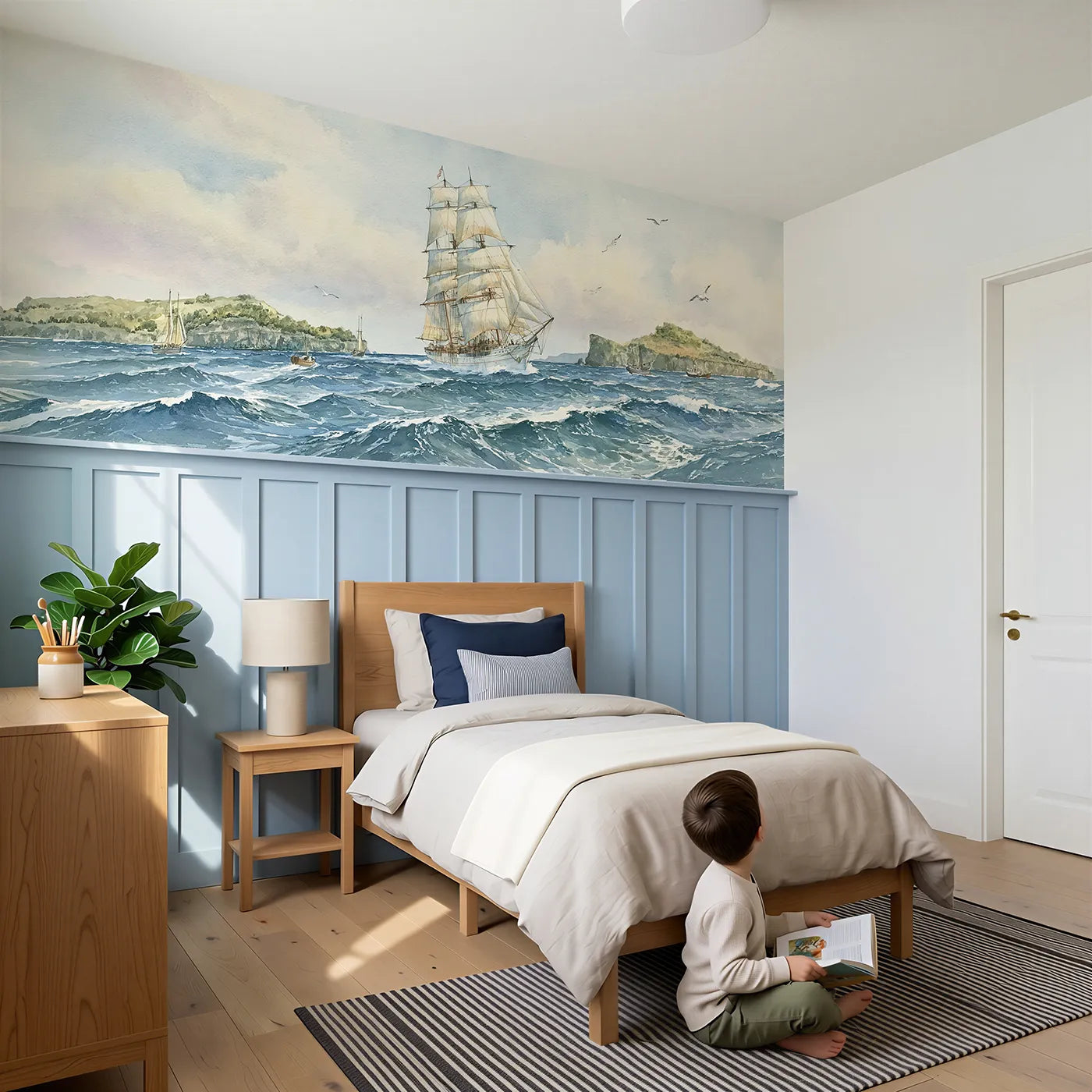 Child reading near Tall Ship Full Sail Wainscoting Wallpaper by Whimsy Tots
