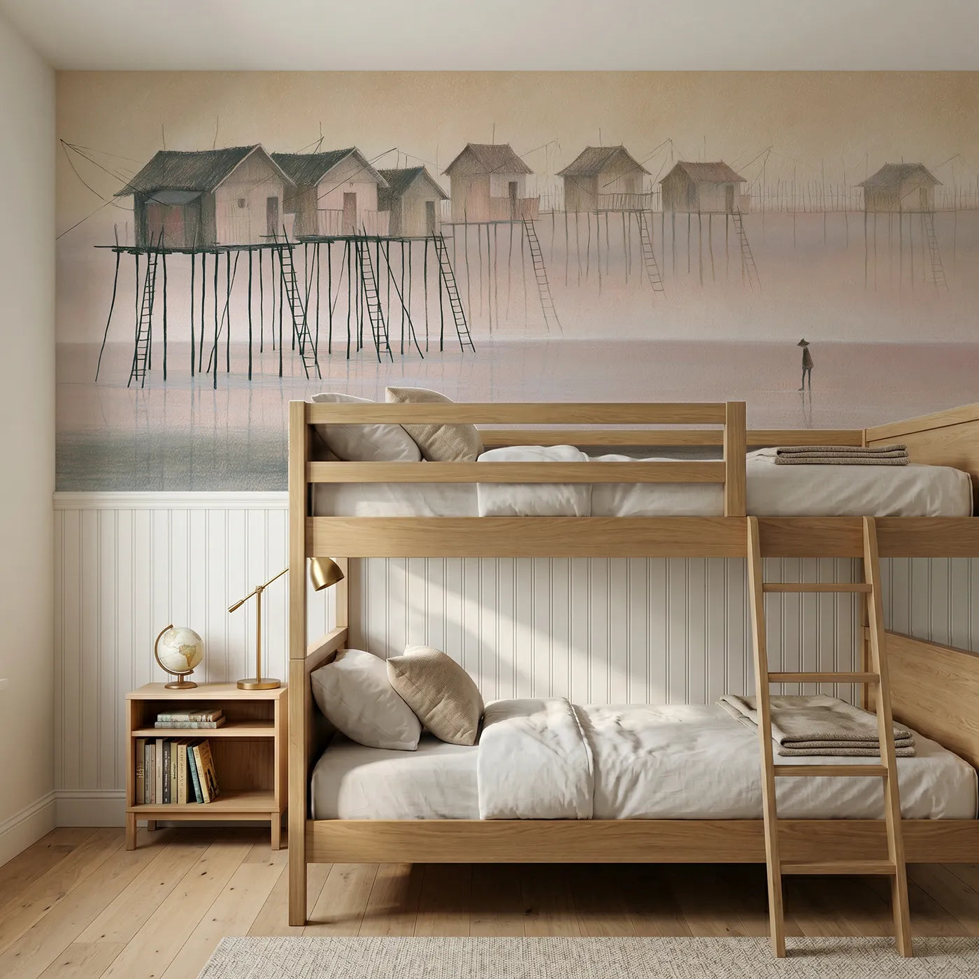 Colored pencil wainscoting mural of stilt houses at dawn tide by Whimsy Tots