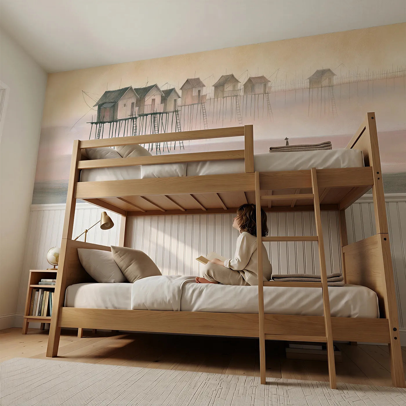 Child reading near Stilt Houses Dawn Tide Wainscoting Wallpaper by Whimsy Tots