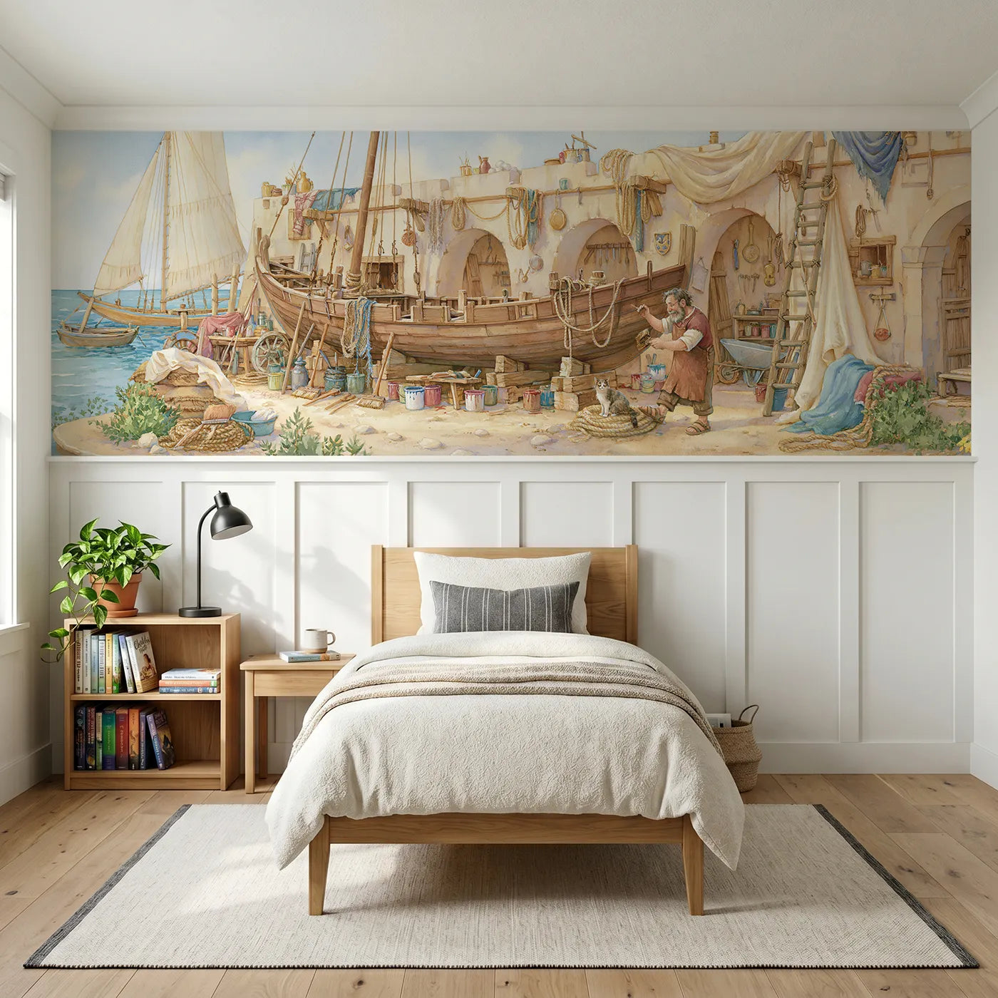 Storybook wainscoting wallpaper of a boat in the harbor workshop by Whimsy Tots