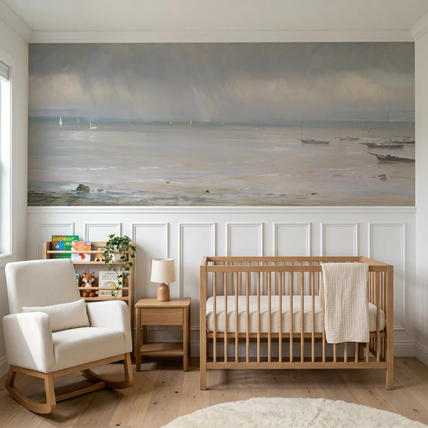 Watercolor wainscoting wallpaper of a rain veil far offshore by Whimsy Tots