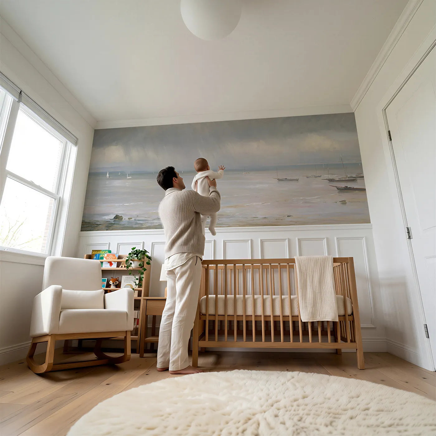 Child reading near Rain Veil Far Offshore Wainscoting Wallpaper by Whimsy Tots