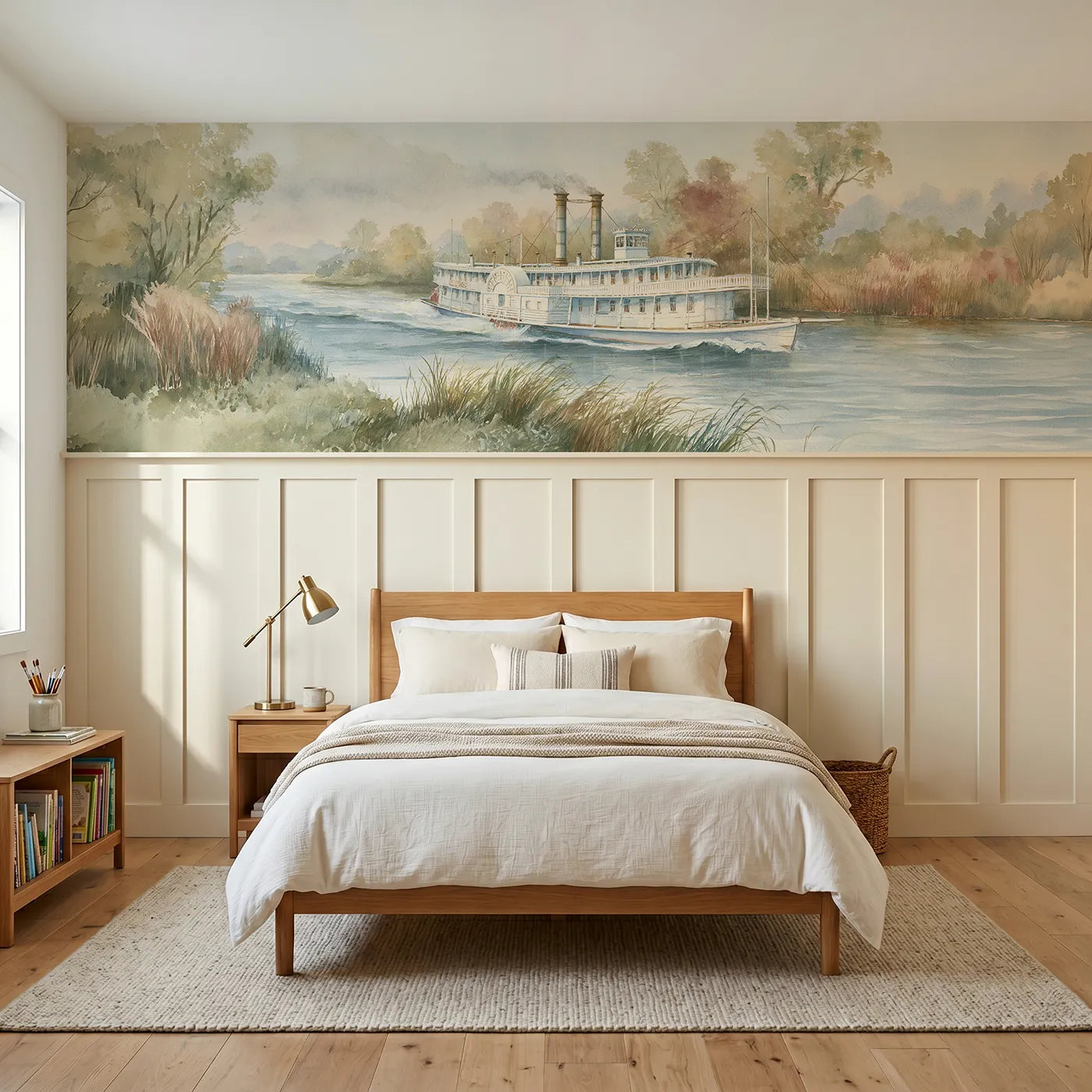 Storybook wainscoting wallpaper of a paddle steamer mid channel by Whimsy Tots