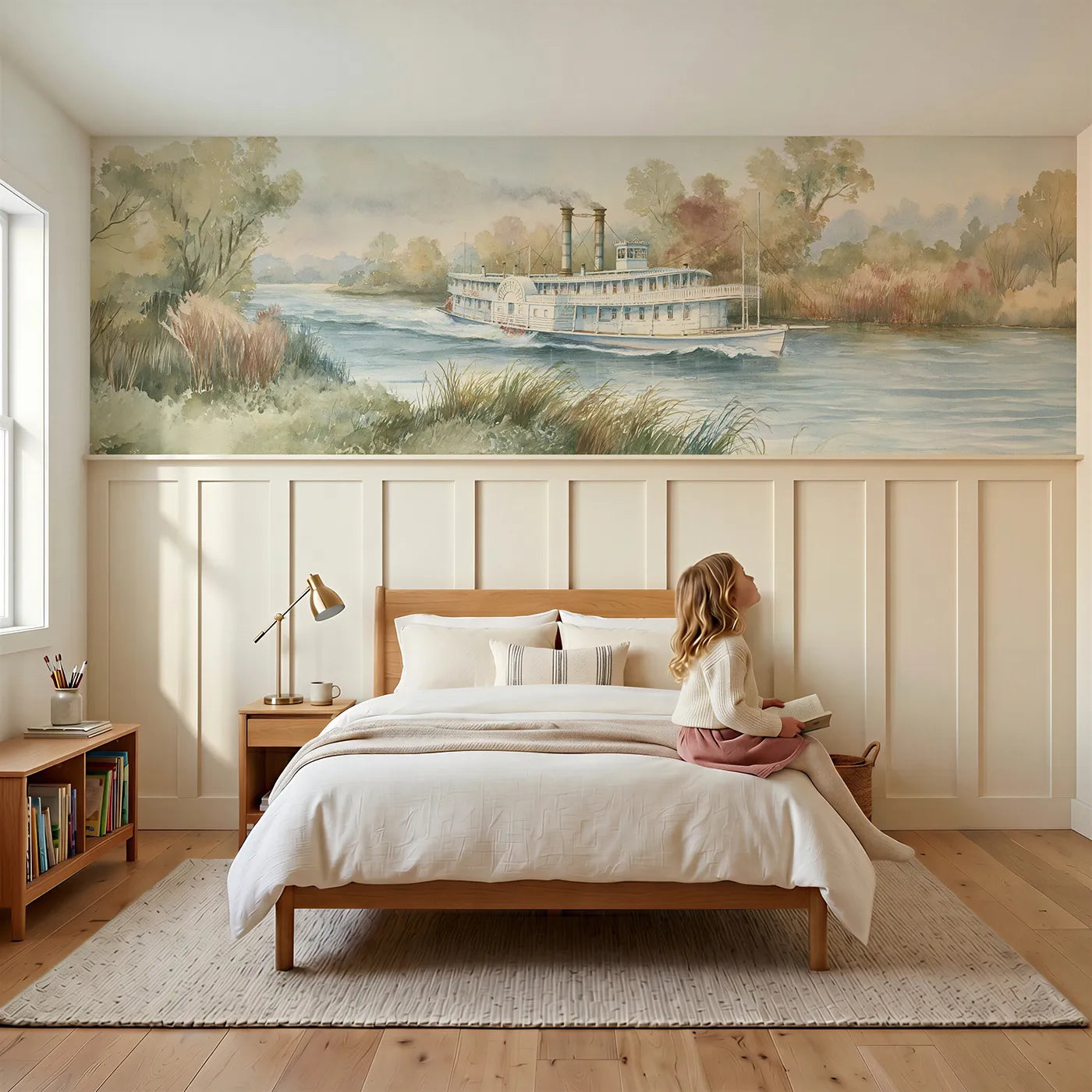 Child reading near Paddle Steamer Mid Channel Wainscoting Wallpaper by Whimsy Tots
