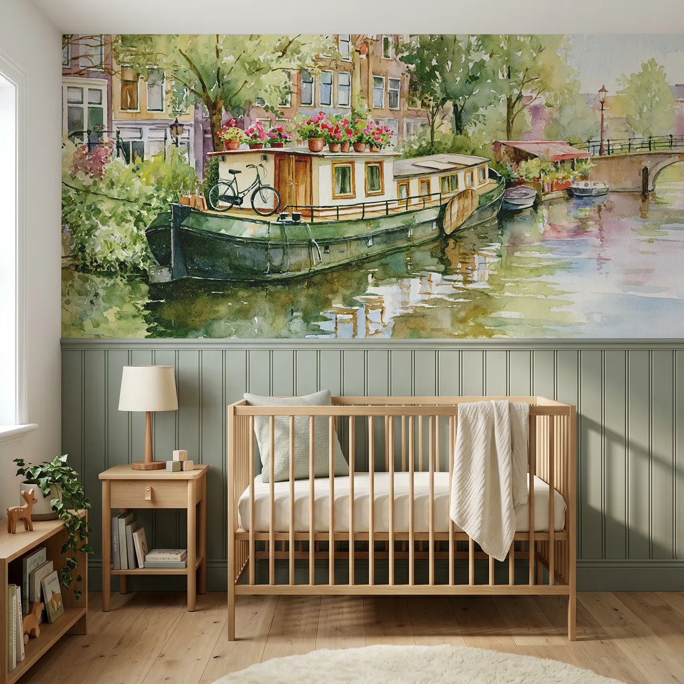 Watercolor wainscoting wallpaper of a houseboat with flower pots by Whimsy Tots
