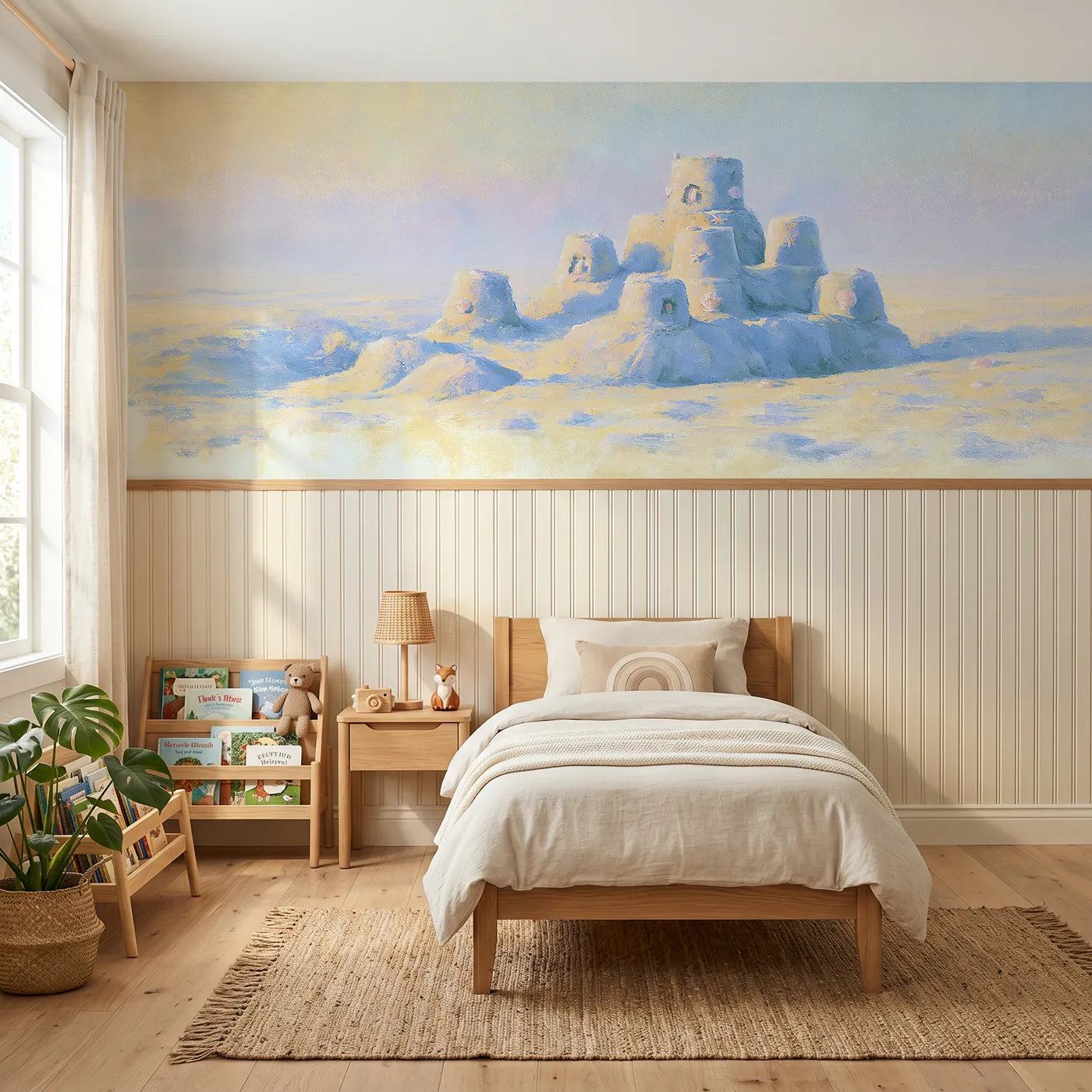 Soft pastel wainscoting wallpaper of a sandcastle in evening light by Whimsy Tots