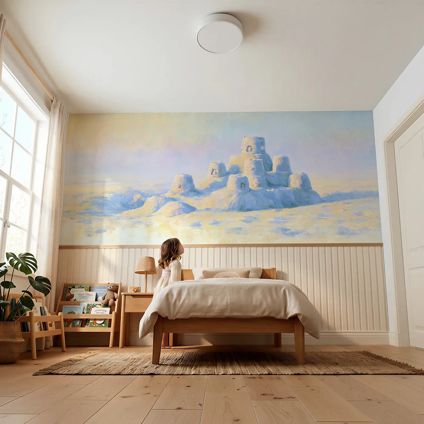 Child reading near Sandcastle In Evening Light Wainscoting Wallpaper by Whimsy Tots