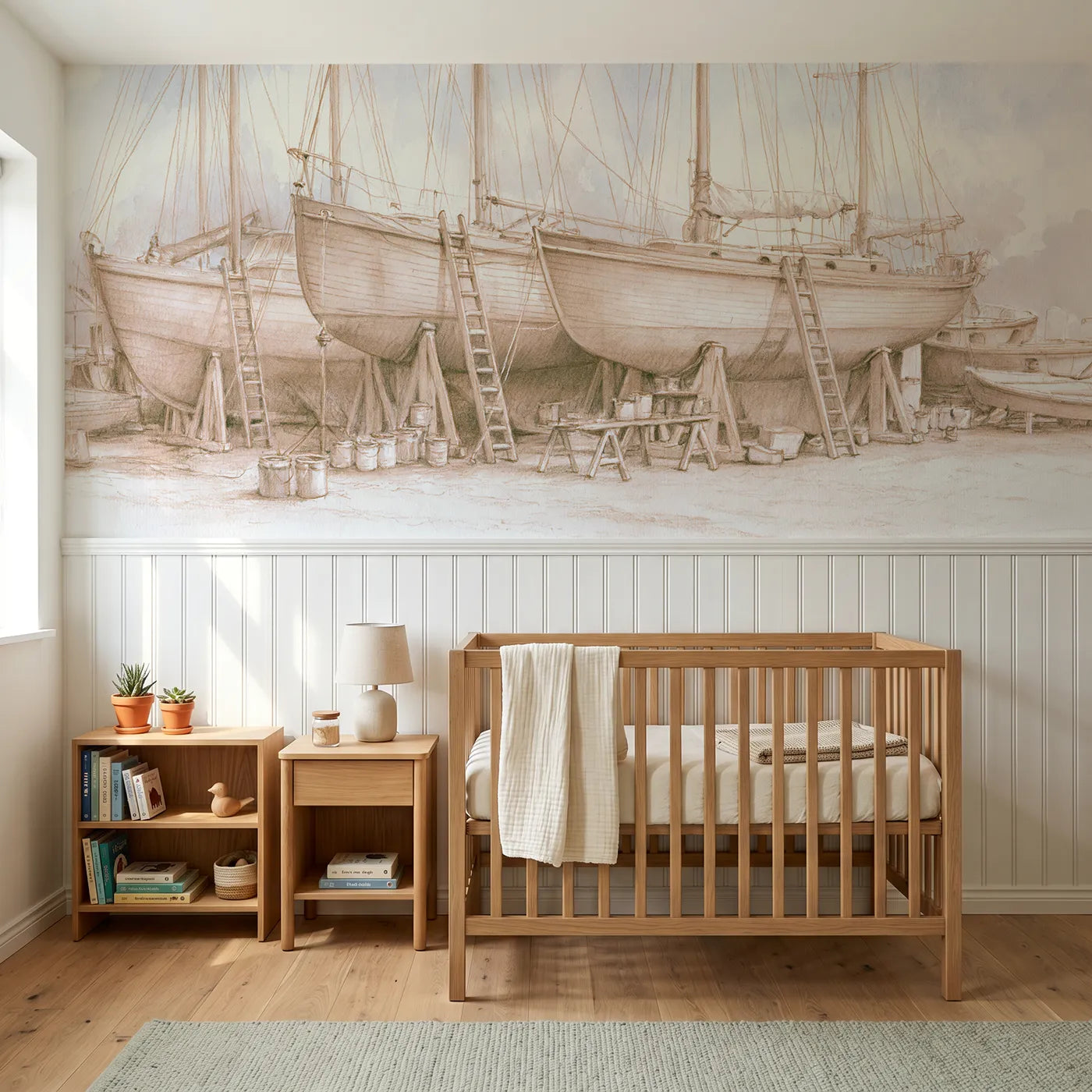 Colored pencil wainscoting wallpaper of a sleepy boatyard with ladders by Whimsy Tots