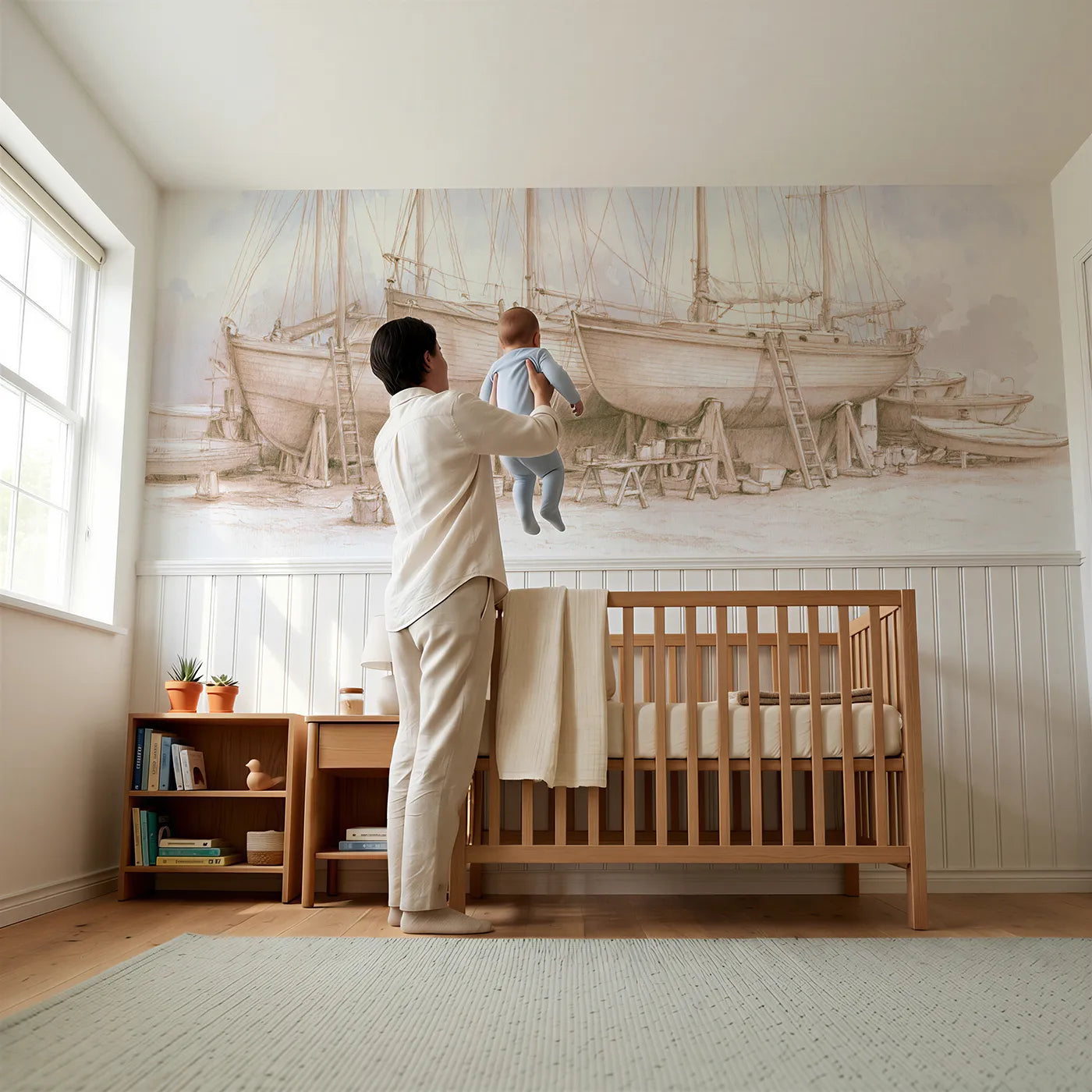 Child reading near Sleepy Boatyard Ladders Wainscoting Wallpaper by Whimsy Tots