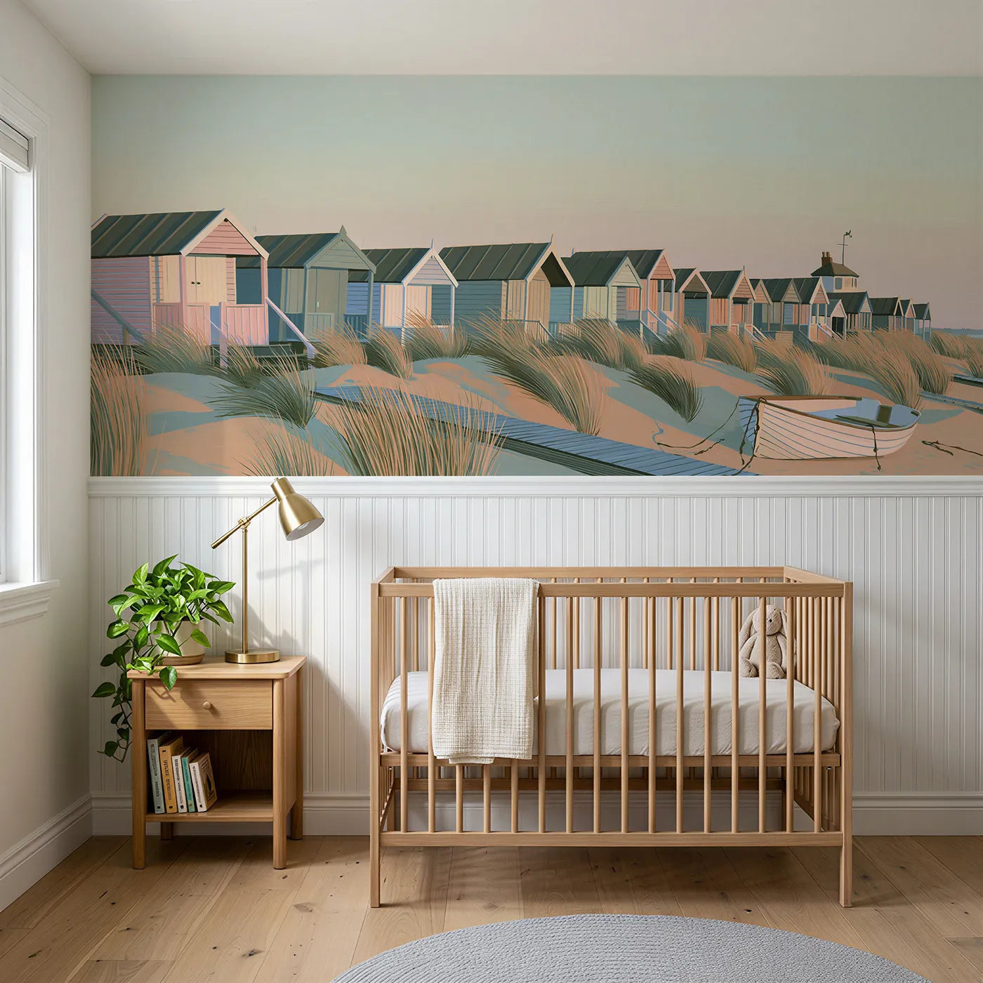 Modern illustration wainscoting wallpaper of beach huts at dawn by Whimsy Tots