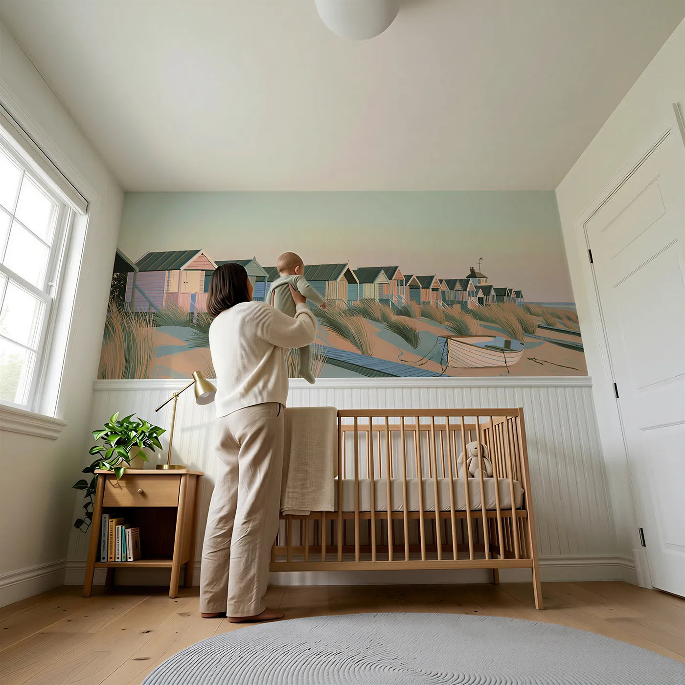 Child reading near Beach Huts At Dawn Wainscoting Wallpaper by Whimsy Tots