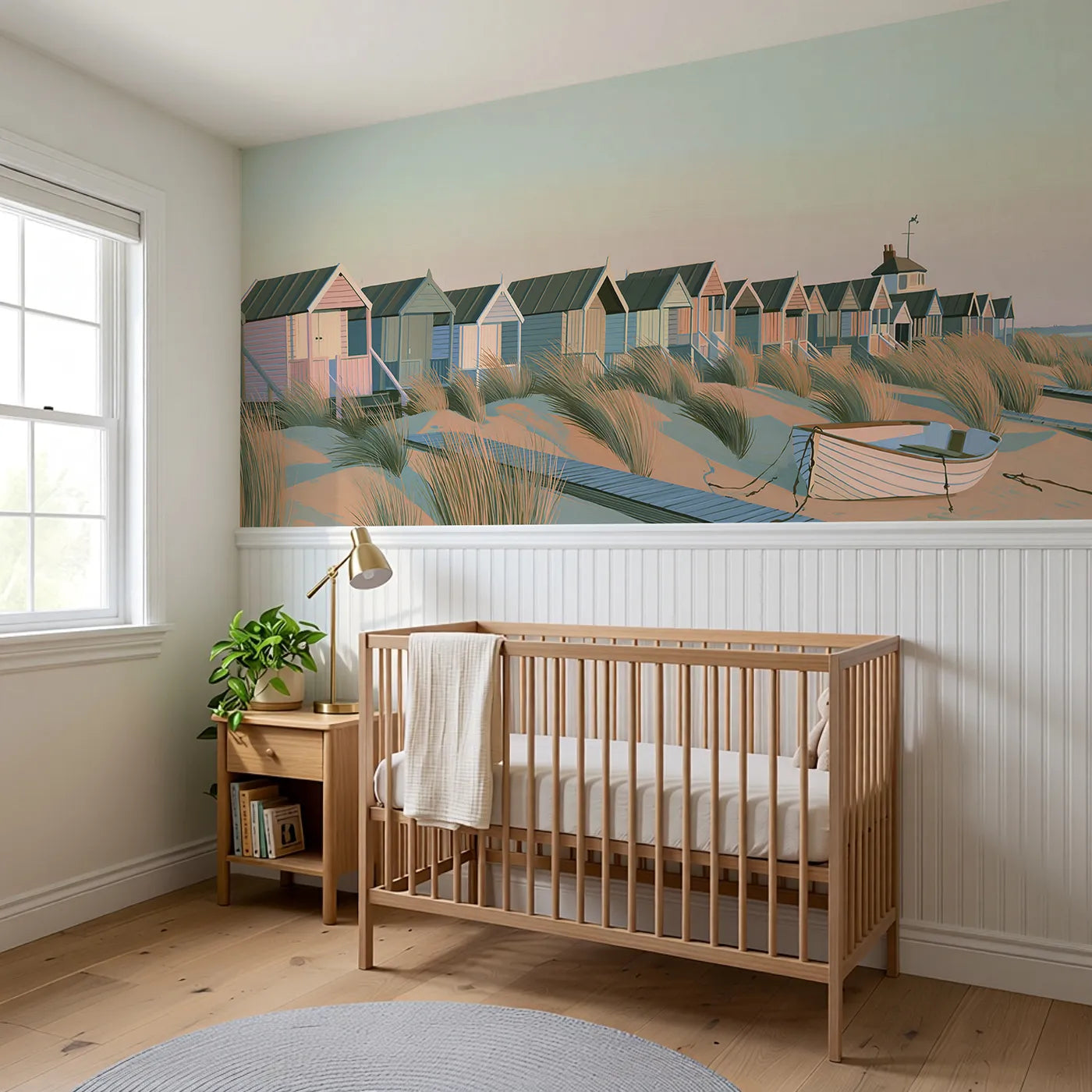Beach Huts At Dawn Wainscoting Wallpaper styled in a kids room by Whimsy Tots
