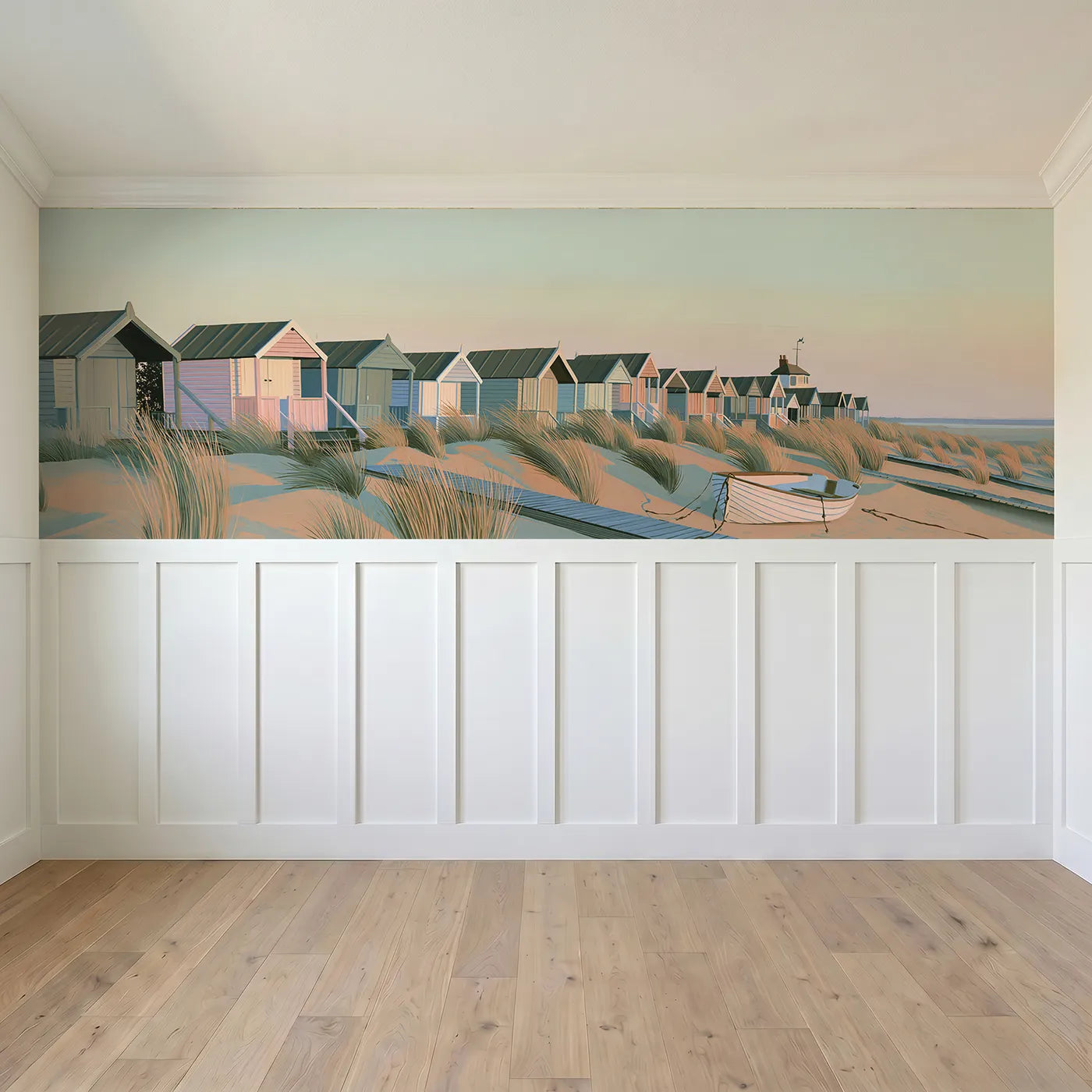 Full panel view of Beach Huts At Dawn Wainscoting Wallpaper by Whimsy Tots