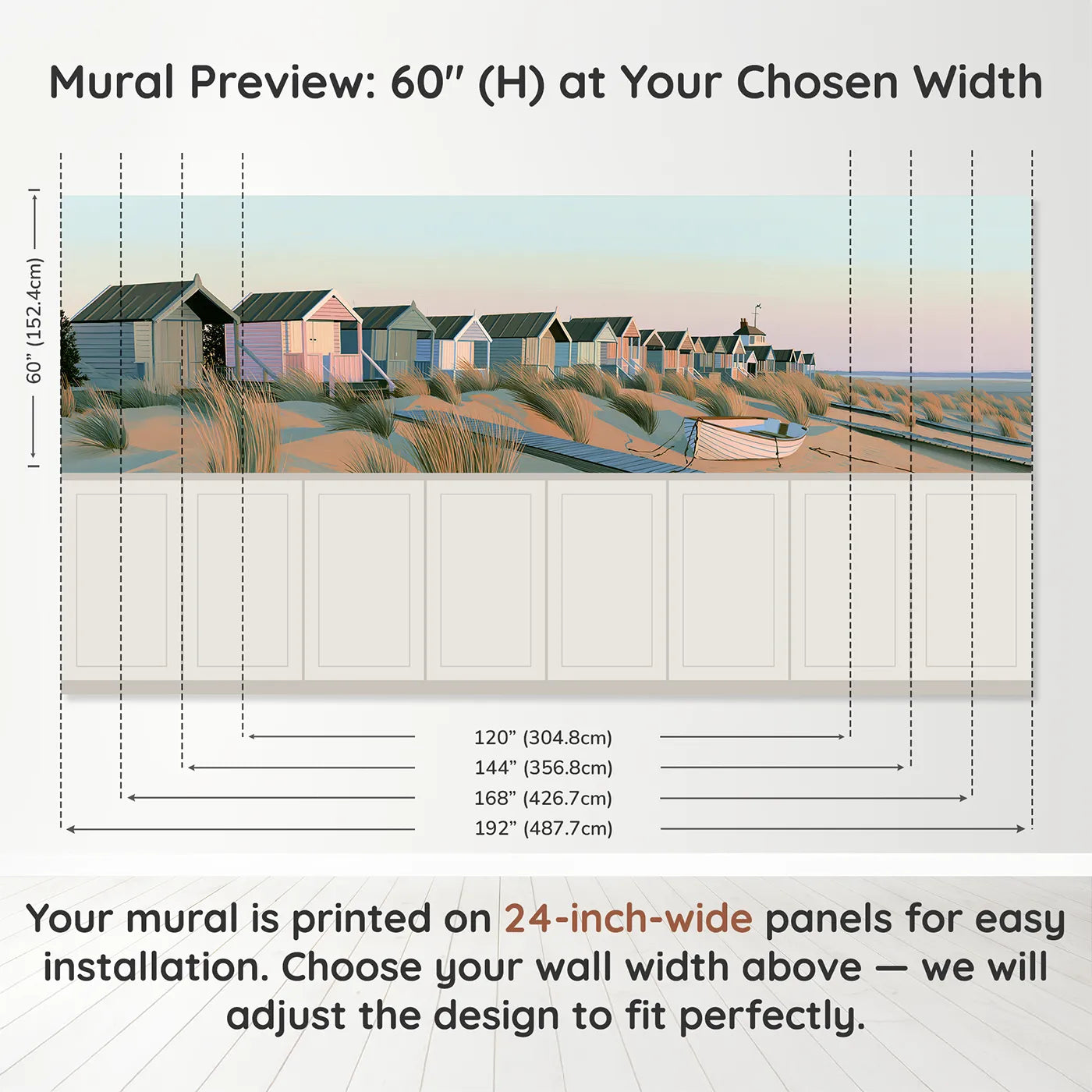 Panel dimensions for Beach Huts At Dawn Wainscoting Wallpaper by Whimsy Tots