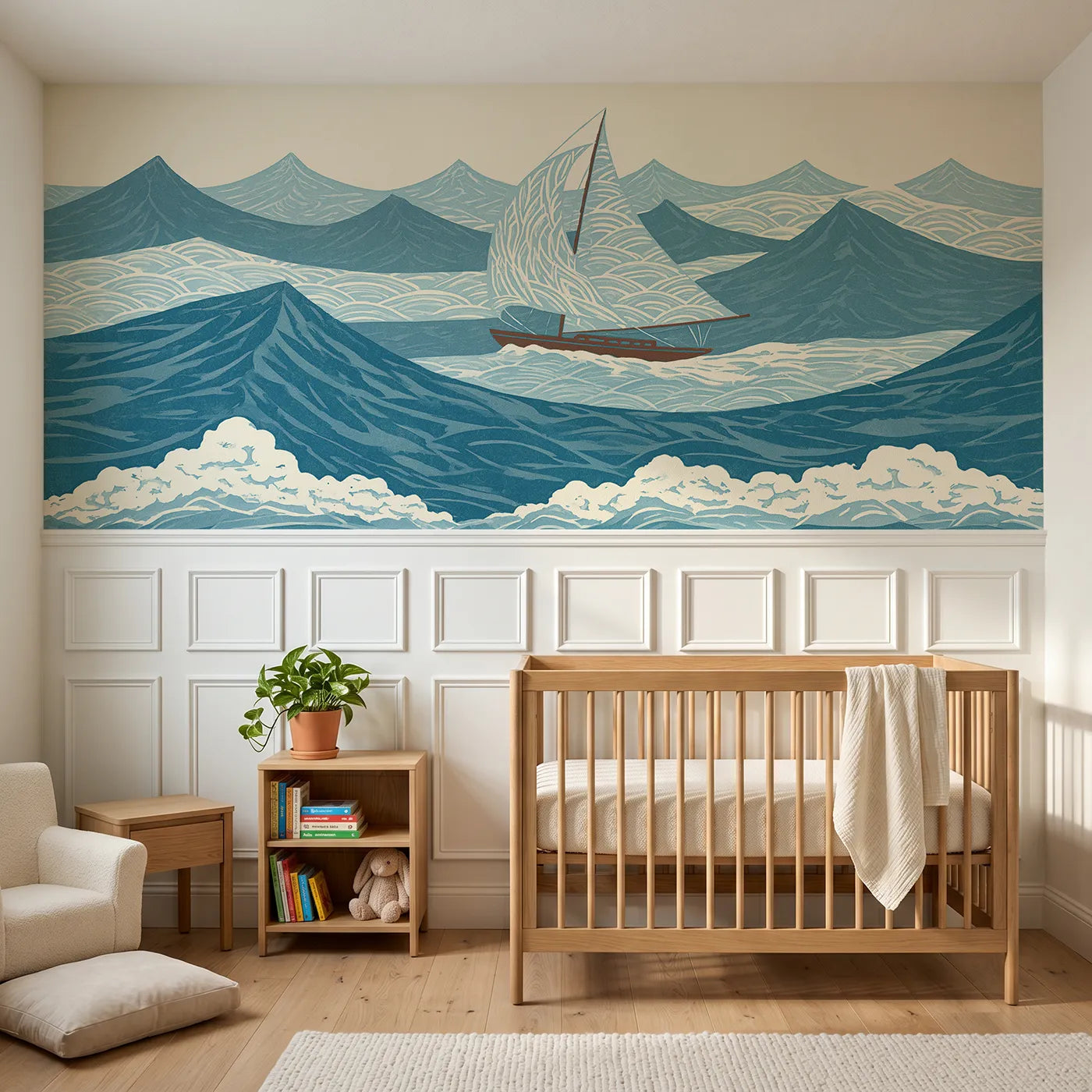 Block print wainscoting wallpaper of a carved sail on an easy swell by Whimsy Tots