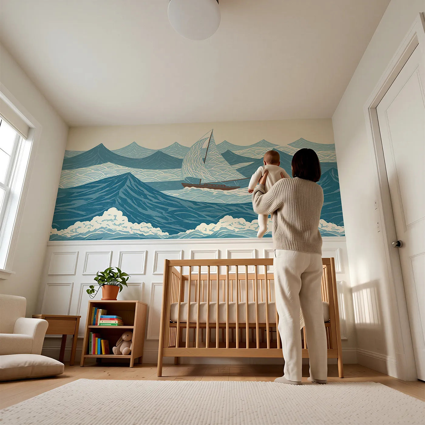 Child reading near Carved Sail On Swell Wainscoting Wallpaper by Whimsy Tots
