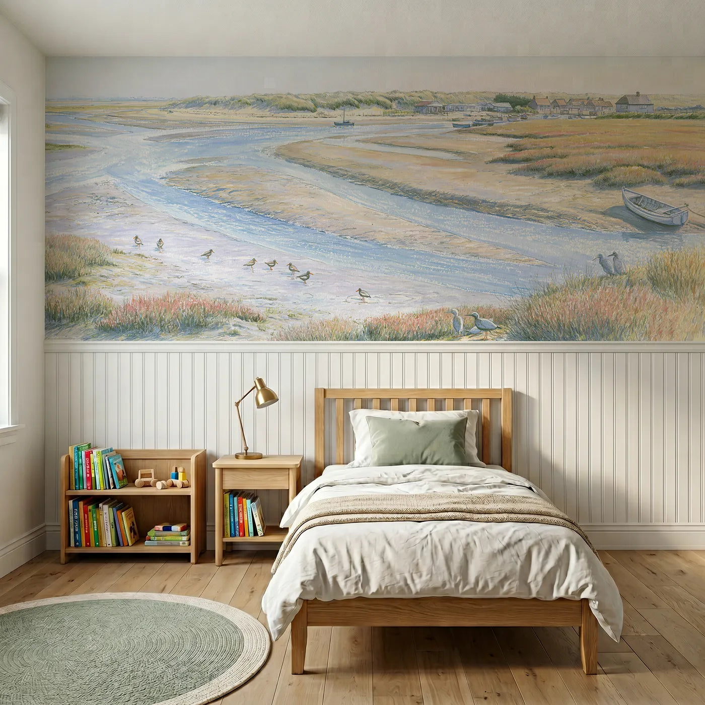 Colored pencil wainscoting mural of wading birds on tidal flats by Whimsy Tots